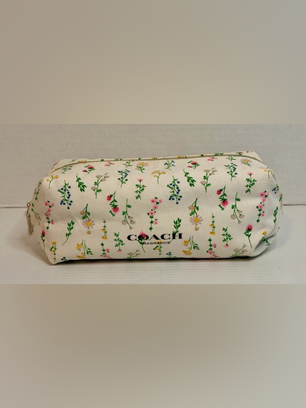 Coach Floral Fragrance Canvas Cosmetic Pouch in Cream with Multi-Color Blooms - Picture 2 of 10
